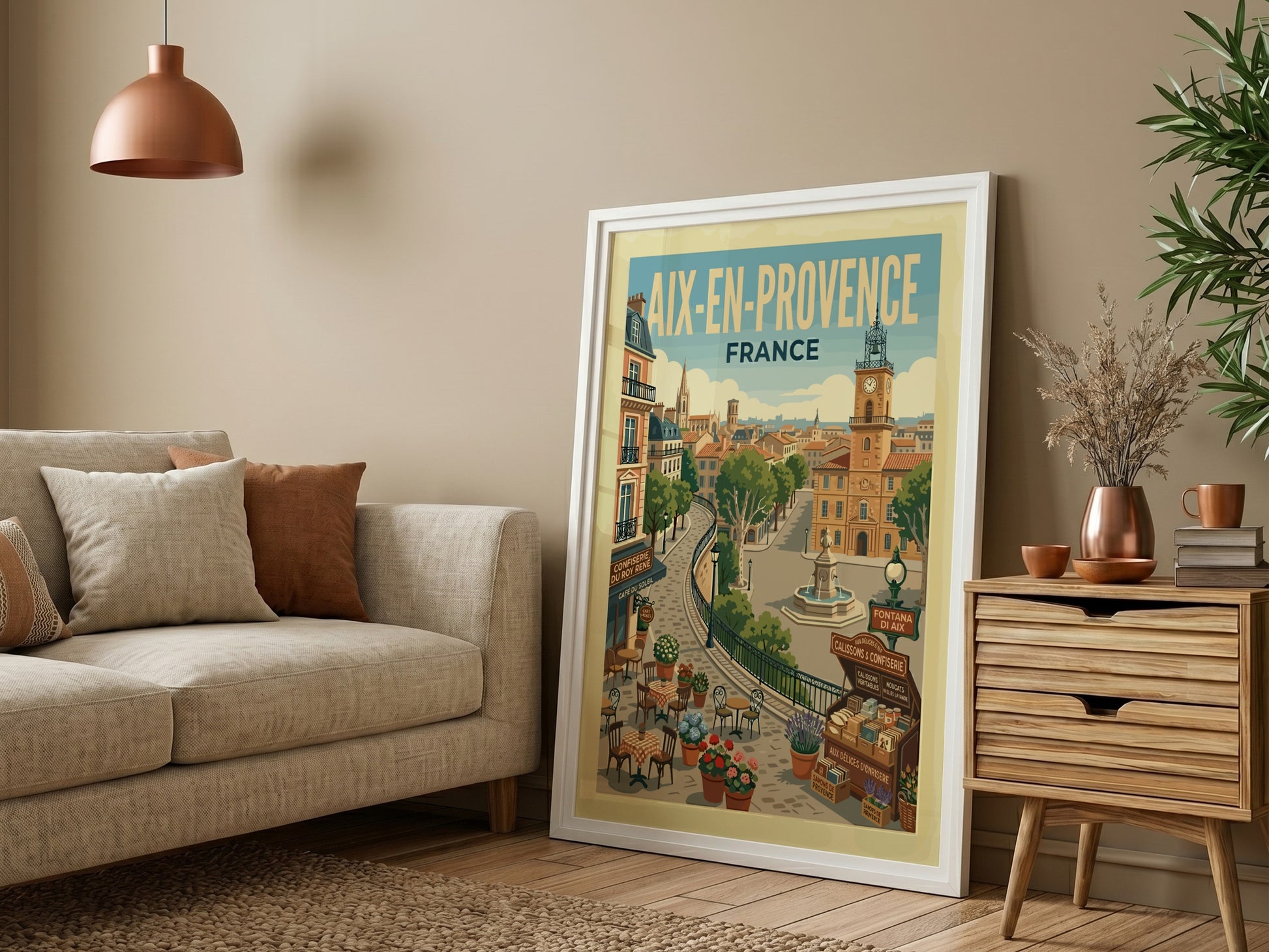 Vintage travel poster of Aix-en-Provence, France, featuring a clock tower and charming street scene.