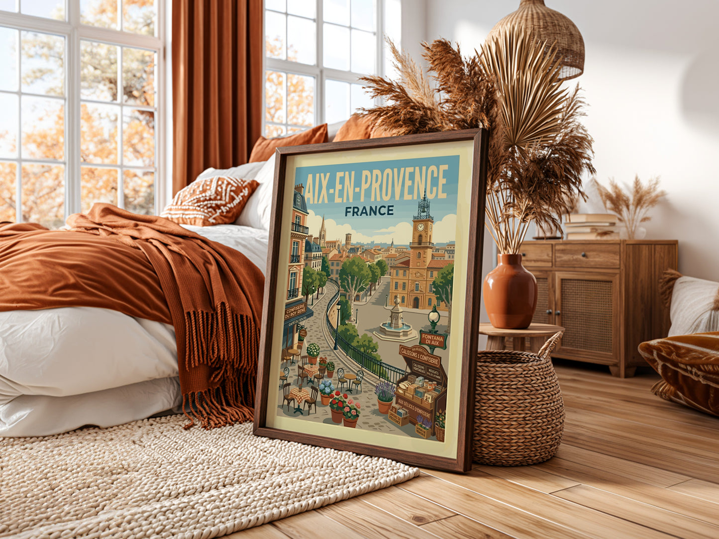 Vintage travel poster of Aix-en-Provence, France, featuring a clock tower and charming street scene.