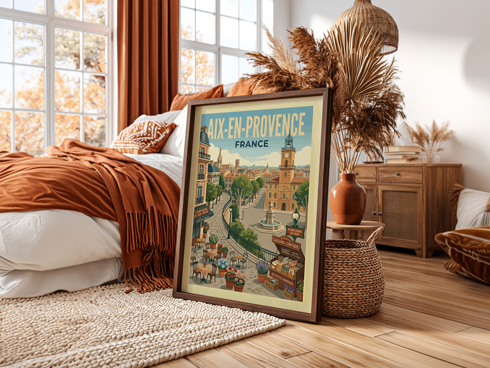 Vintage travel poster of Aix-en-Provence, France, featuring a clock tower and charming street scene.
