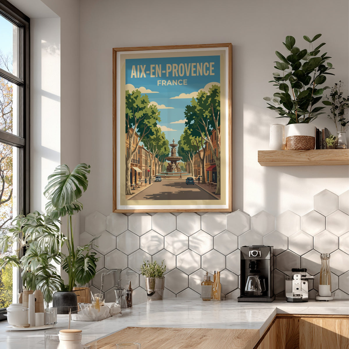 Poster of Aix-en-Provence France featuring a central fountain lined with trees and buildings