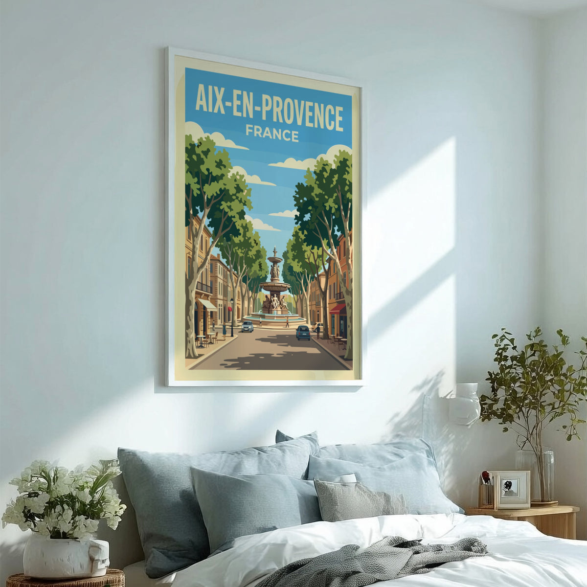 Poster of Aix-en-Provence France featuring a central fountain lined with trees and buildings