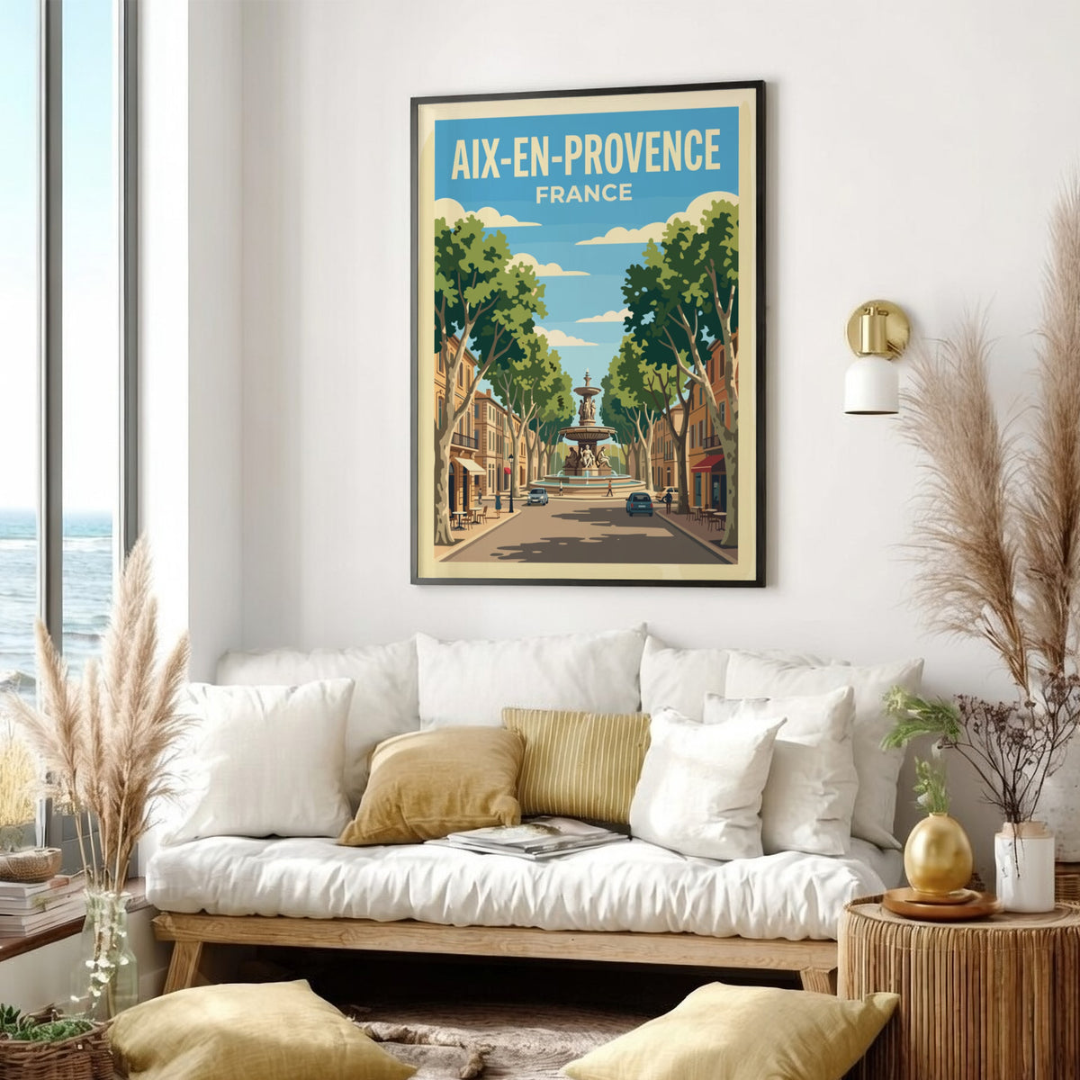 Poster of Aix-en-Provence France featuring a central fountain lined with trees and buildings