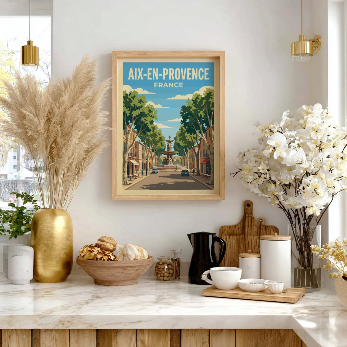 Poster of Aix-en-Provence France featuring a central fountain lined with trees and buildings