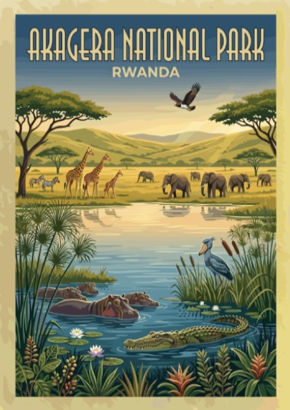 Akagera National Park poster featuring wildlife, vibrant colors, and natural scenery