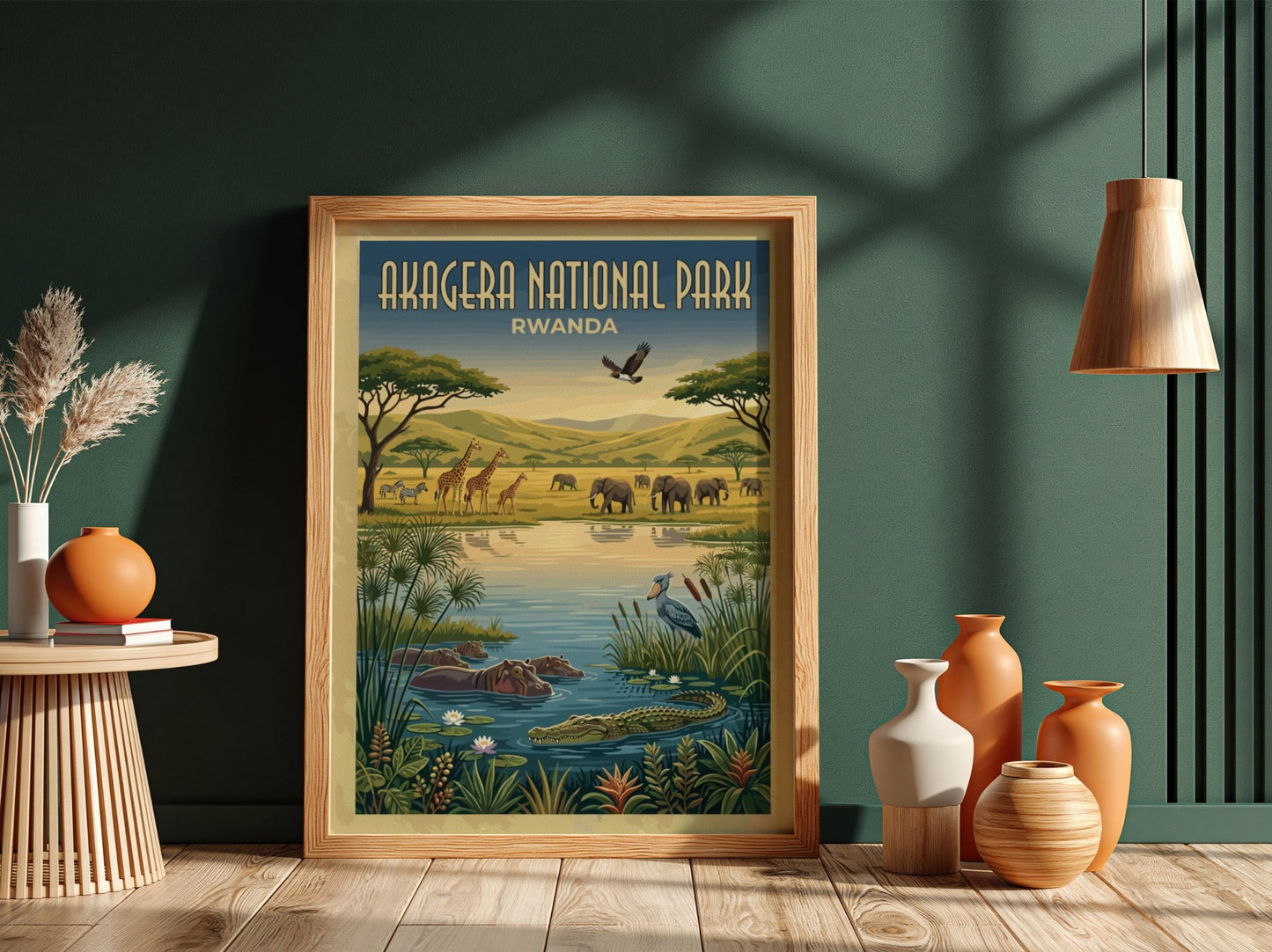 Akagera National Park poster featuring wildlife, vibrant colors, and natural scenery