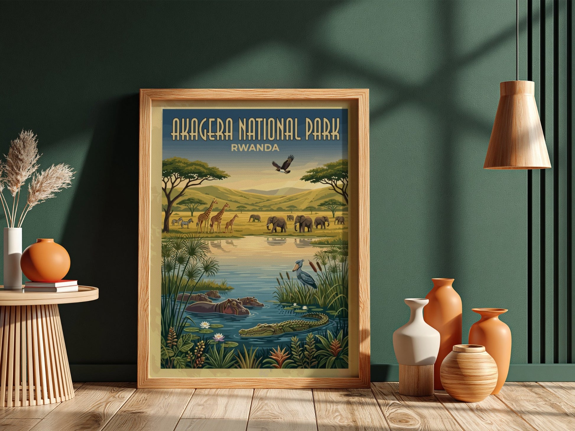 Akagera National Park poster featuring wildlife, vibrant colors, and natural scenery