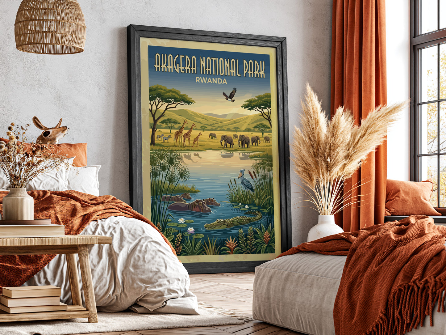 Akagera National Park poster featuring wildlife, vibrant colors, and natural scenery
