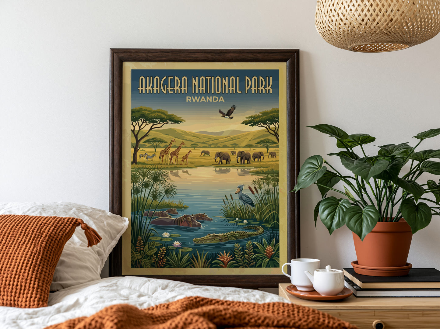 Akagera National Park poster featuring wildlife, vibrant colors, and natural scenery
