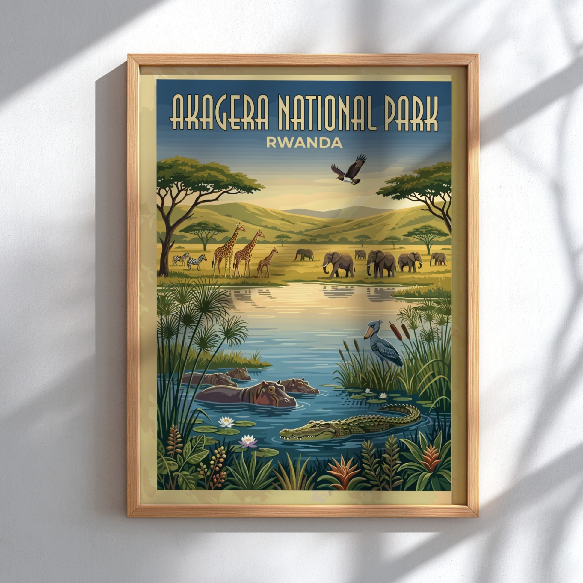 Akagera National Park poster featuring wildlife, vibrant colors, and natural scenery