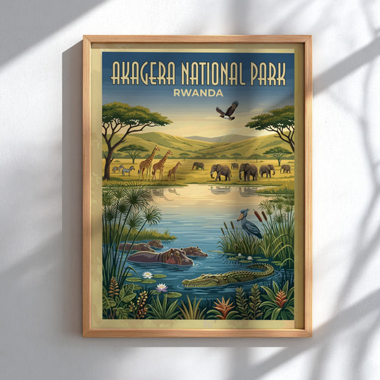 Akagera National Park poster featuring wildlife, vibrant colors, and natural scenery