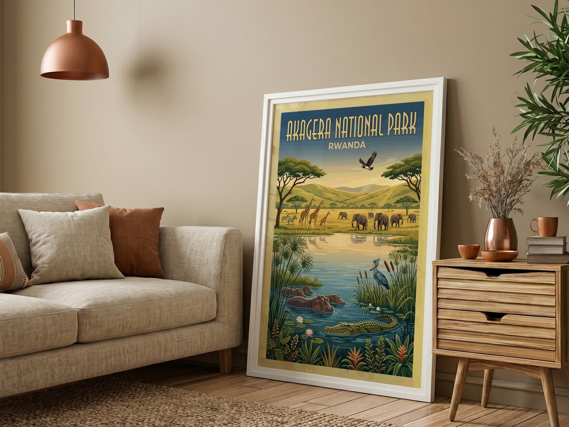 Akagera National Park poster featuring wildlife, vibrant colors, and natural scenery