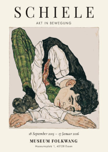 Egon Schiele poster featuring Akt in Bewegung with bold lines and muted colors