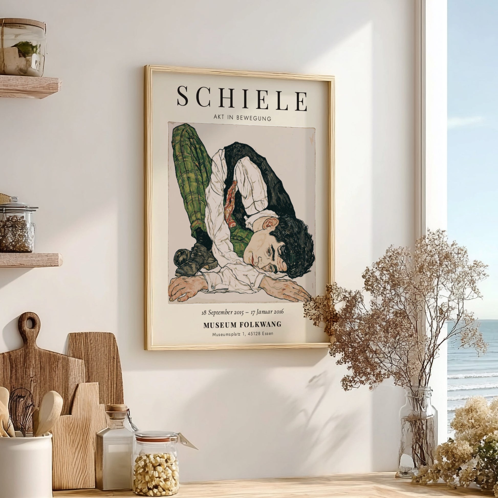 Egon Schiele poster featuring Akt in Bewegung with bold lines and muted colors