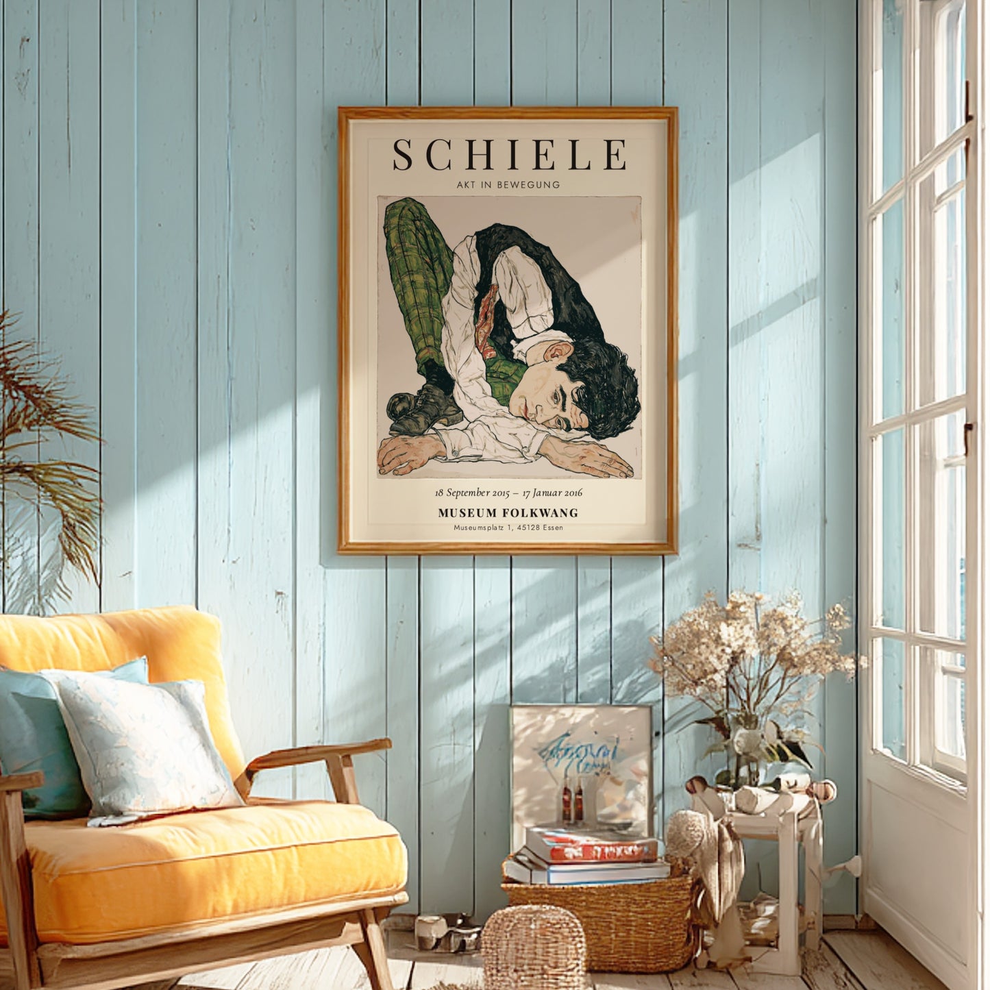Egon Schiele poster featuring Akt in Bewegung with bold lines and muted colors