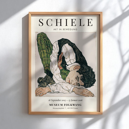 Egon Schiele poster featuring Akt in Bewegung with bold lines and muted colors
