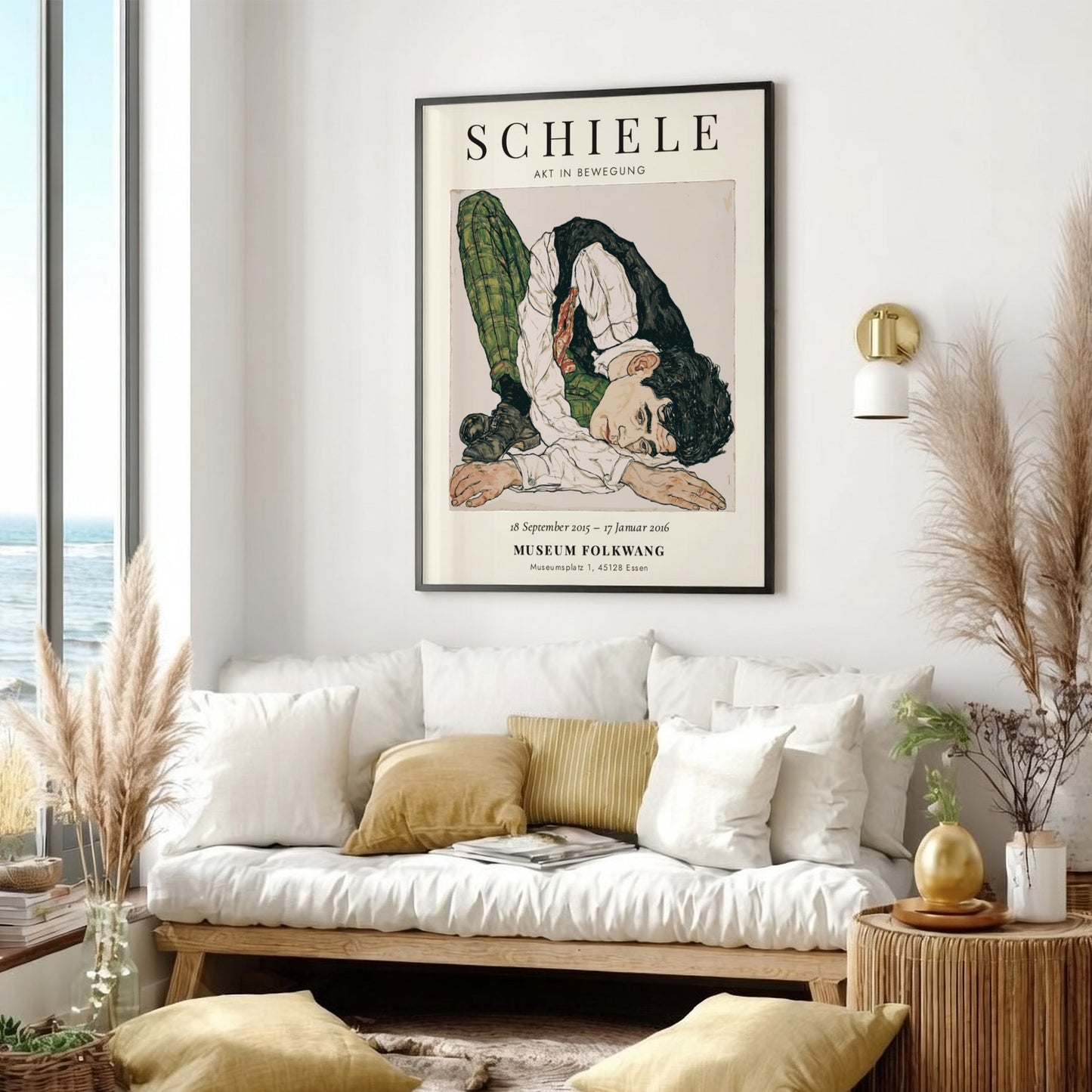 Egon Schiele poster featuring Akt in Bewegung with bold lines and muted colors