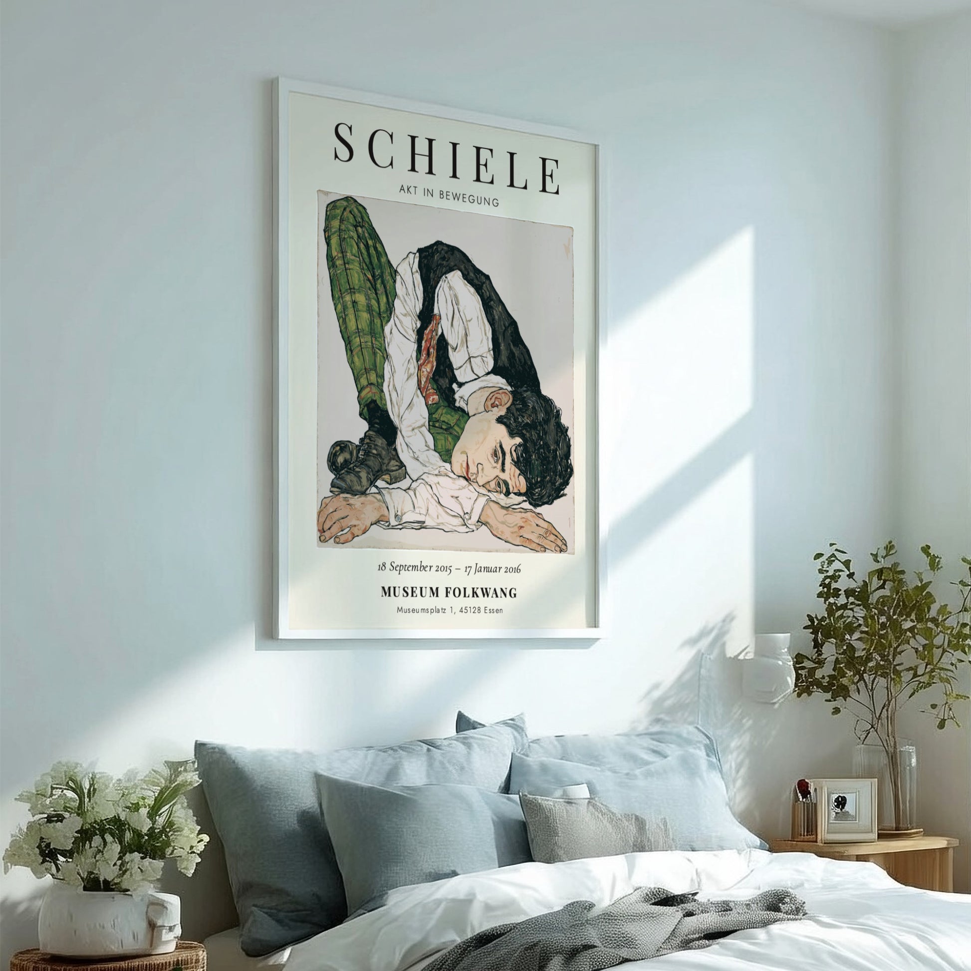 Egon Schiele poster featuring Akt in Bewegung with bold lines and muted colors