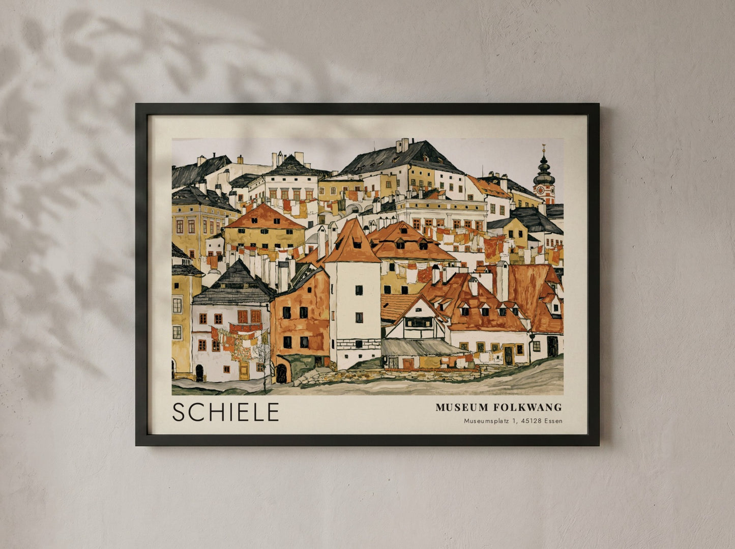 Wall art poster featuring Egon Schiele townscape illustration with Museum Folkwang exhibition text.
