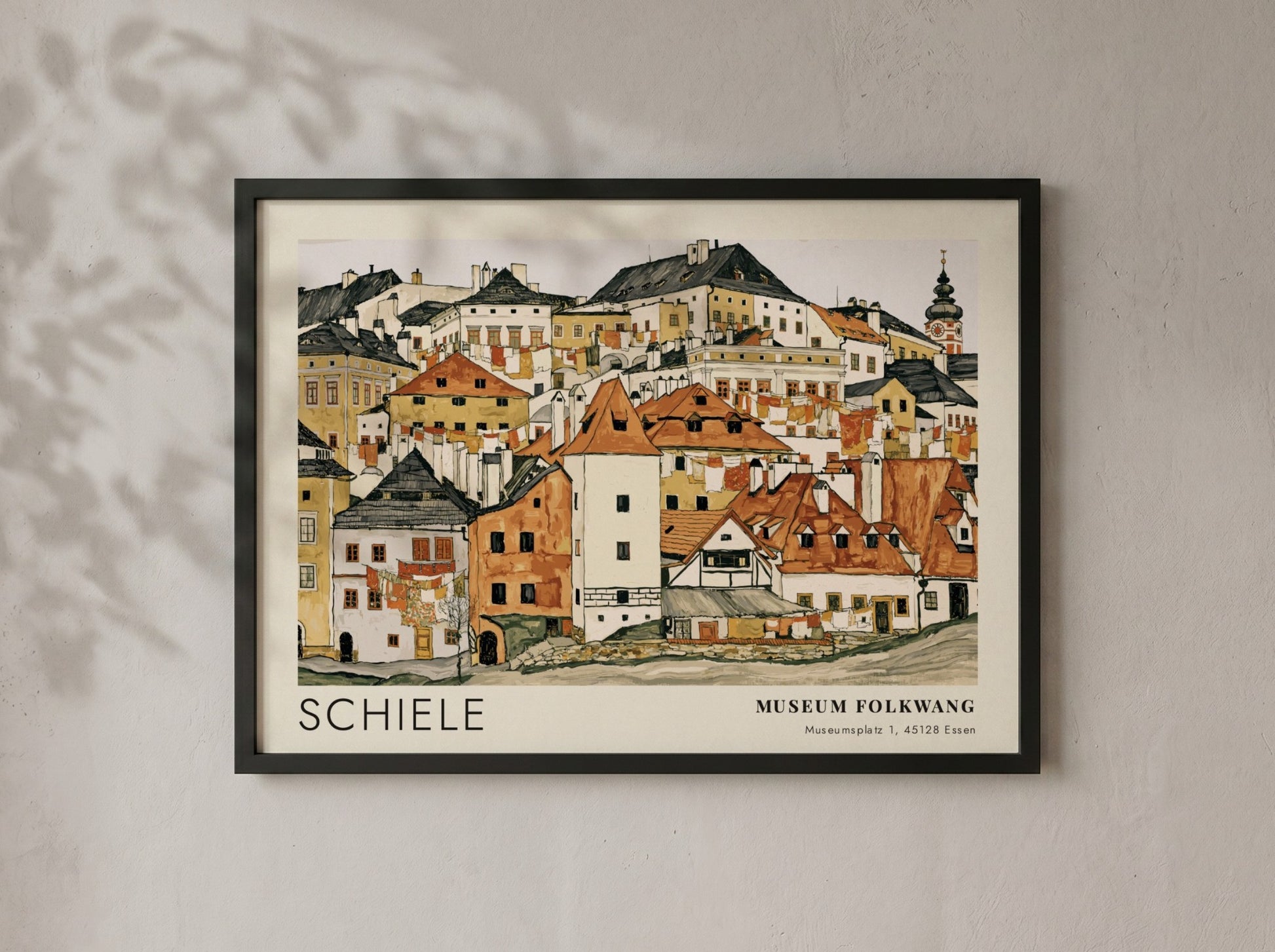 Wall art poster featuring Egon Schiele townscape illustration with Museum Folkwang exhibition text.