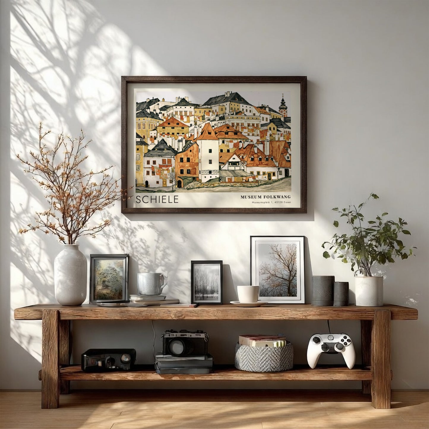 Wall art poster featuring Egon Schiele townscape illustration with Museum Folkwang exhibition text.