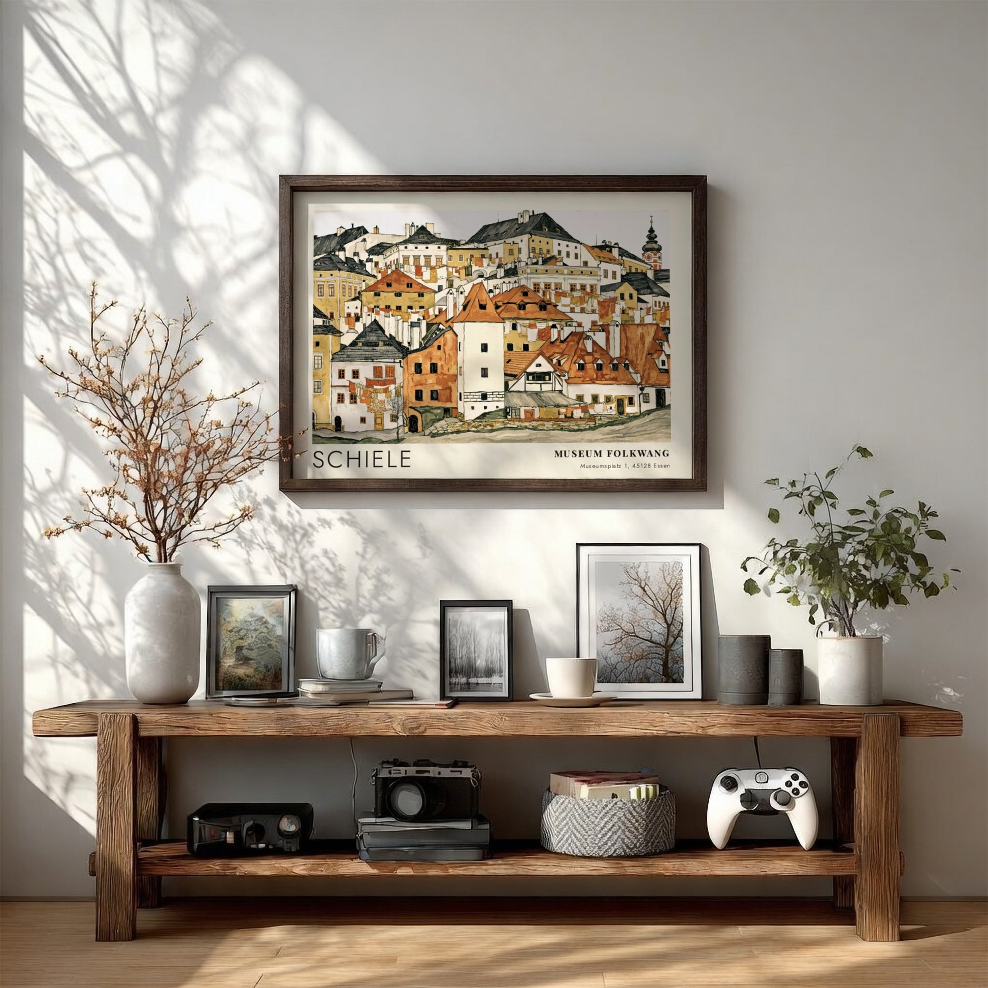 Wall art poster featuring Egon Schiele townscape illustration with Museum Folkwang exhibition text.