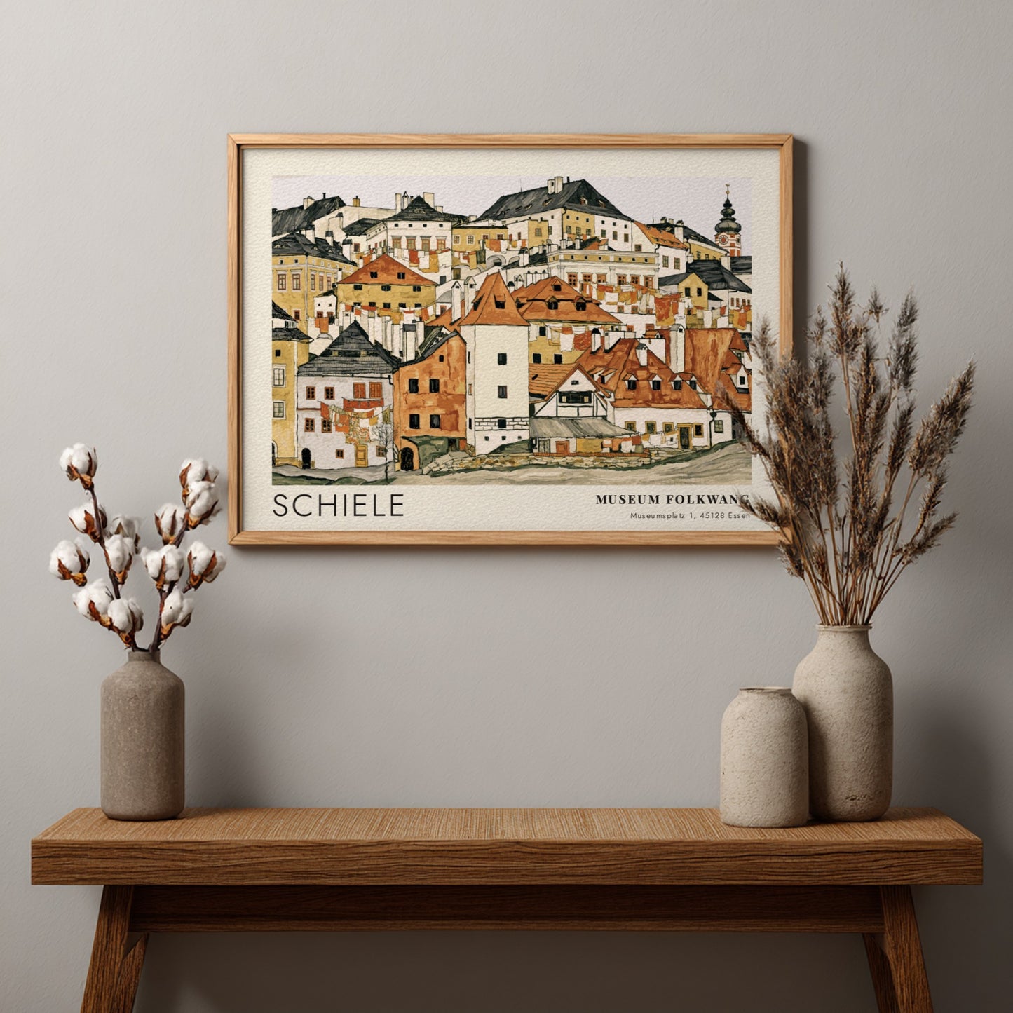 Wall art poster featuring Egon Schiele townscape illustration with Museum Folkwang exhibition text.