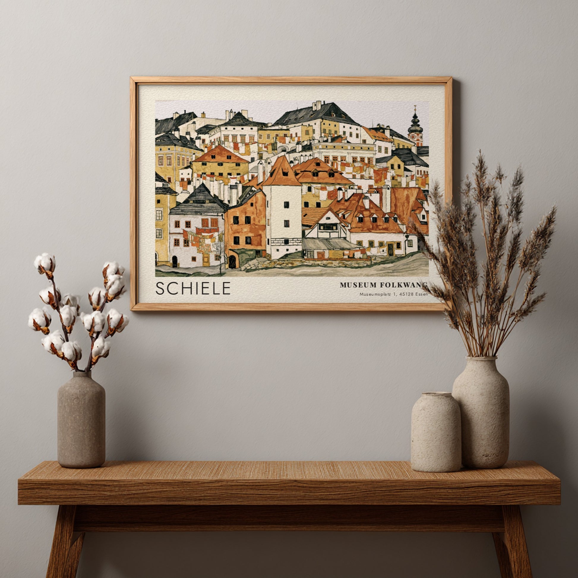Wall art poster featuring Egon Schiele townscape illustration with Museum Folkwang exhibition text.