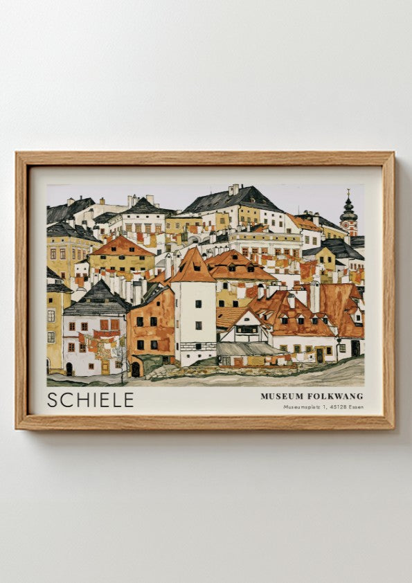 Wall art poster featuring Egon Schiele townscape illustration with Museum Folkwang exhibition text.
