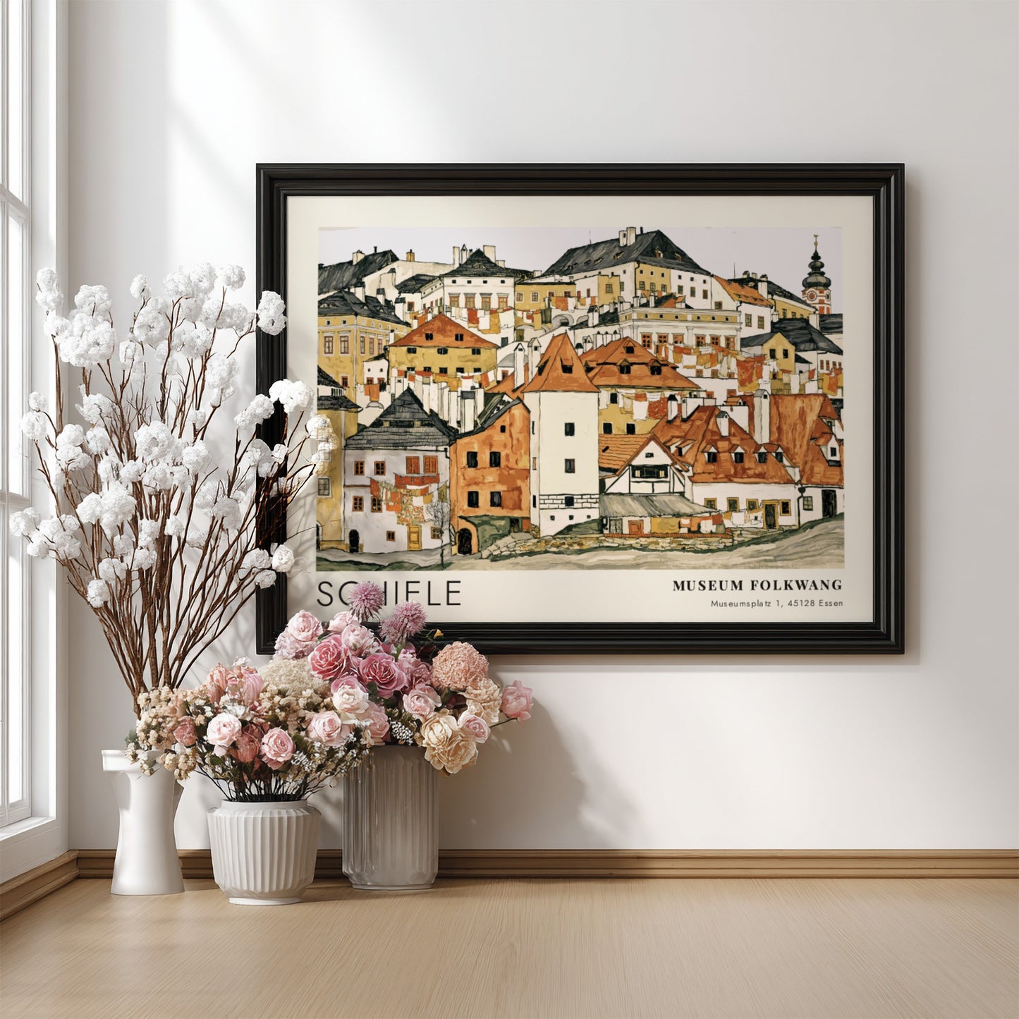 Wall art poster featuring Egon Schiele townscape illustration with Museum Folkwang exhibition text.