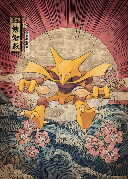 Alakazam Pokemon character with a stylized Japanese design featuring waves and cherry blossoms.