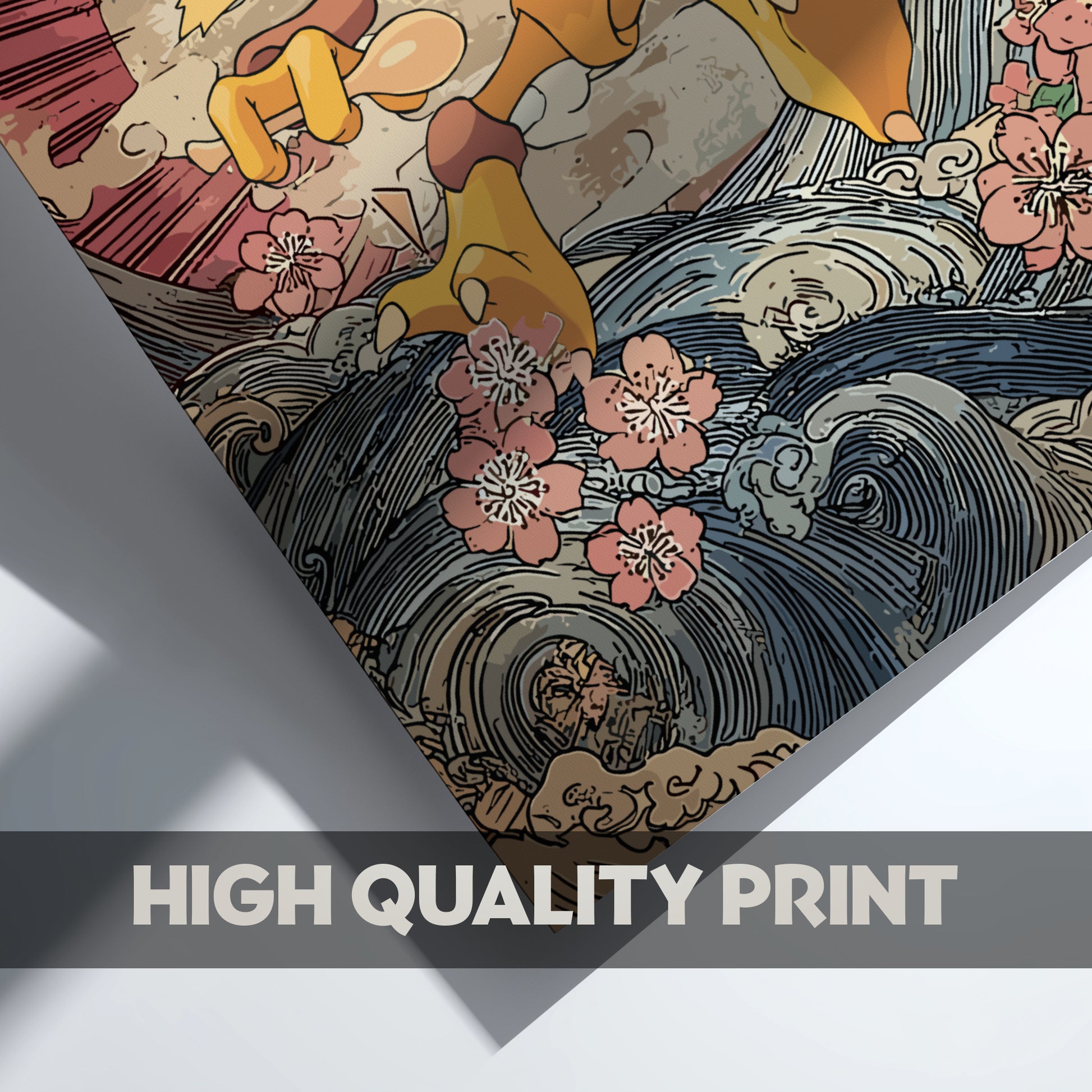 Artistic print of Alakazam Pokemon with floral elements and a wave on a gray background