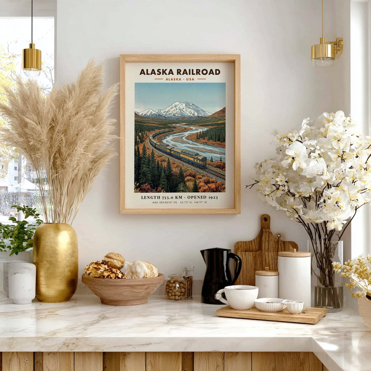 Poster of the Alaska Railroad train traveling through a mountain river valley scene
