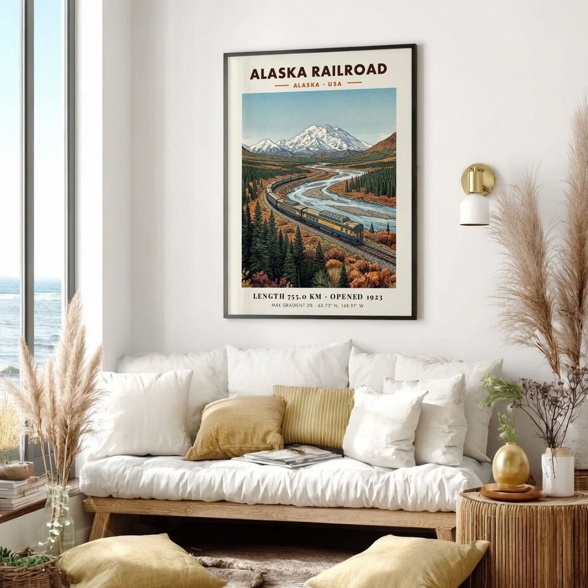Poster of the Alaska Railroad train traveling through a mountain river valley scene
