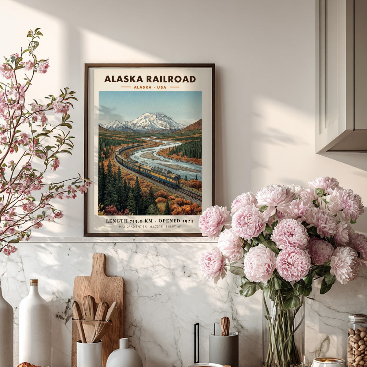 Poster of the Alaska Railroad train traveling through a mountain river valley scene