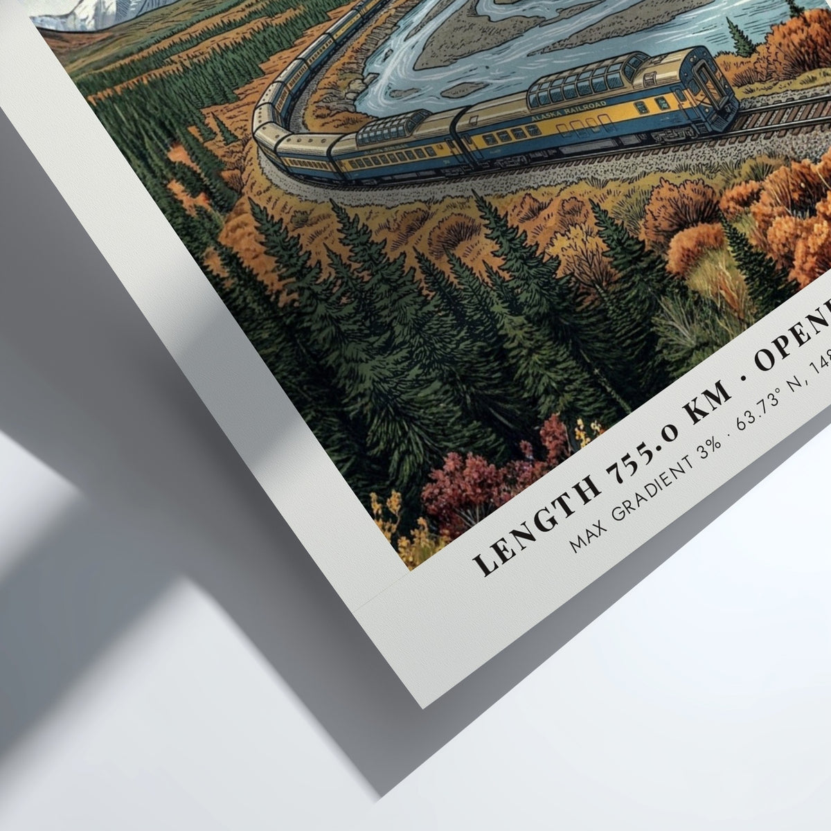 Poster of the Alaska Railroad train traveling through a mountain river valley scene