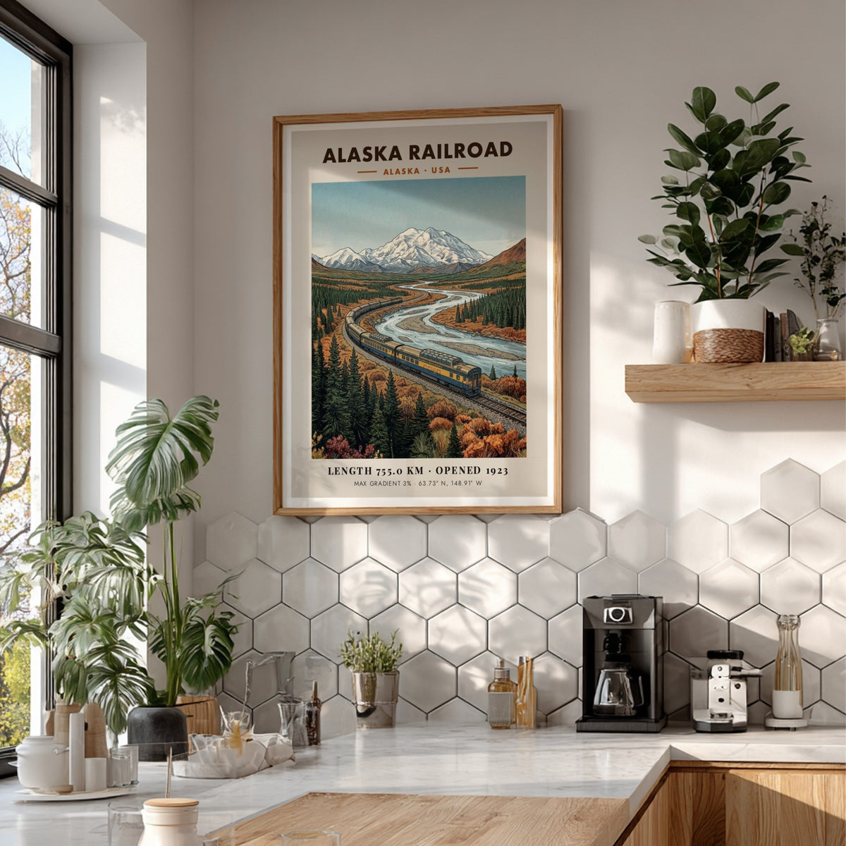 Poster of the Alaska Railroad train traveling through a mountain river valley scene