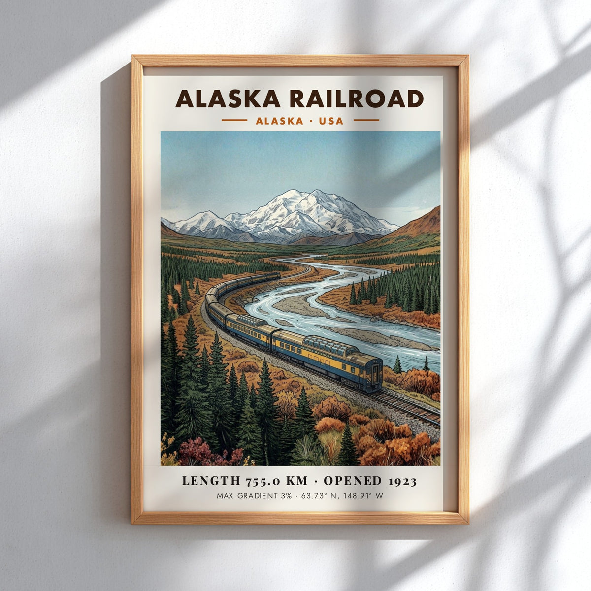 Poster of the Alaska Railroad train traveling through a mountain river valley scene