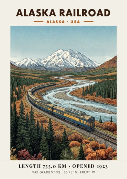 Poster of the Alaska Railroad train traveling through a mountain river valley scene