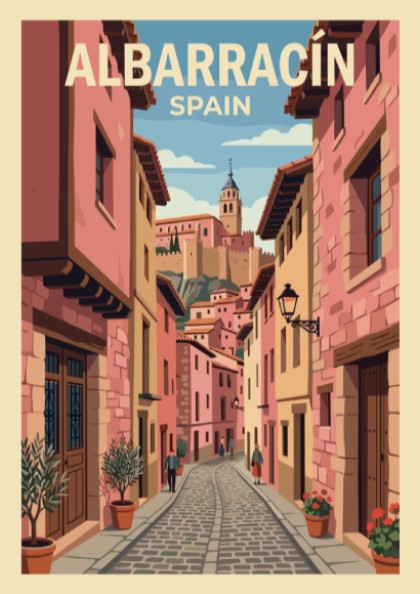 Poster of Albarracín Spain featuring narrow cobblestone streets and historic terracotta buildings under sky.