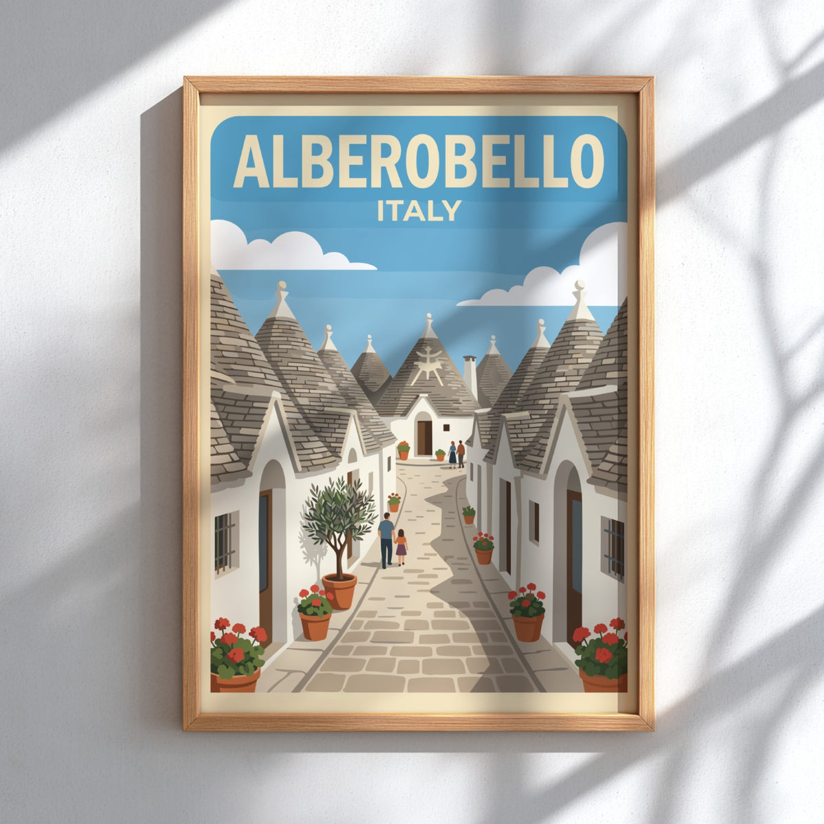 Poster of Alberobello Italy featuring white trulli houses along a narrow stone street.