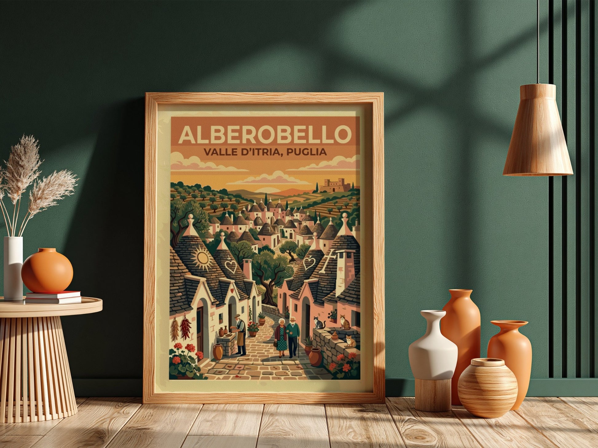 Travel poster of Alberobello in Puglia featuring stone trulli houses and elderly couple walking.