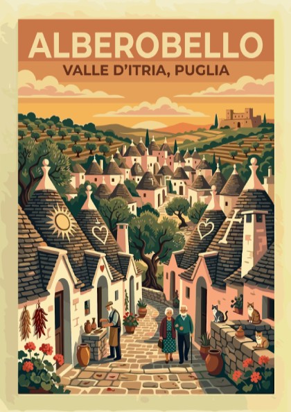 Travel poster of Alberobello in Puglia featuring stone trulli houses and elderly couple walking.