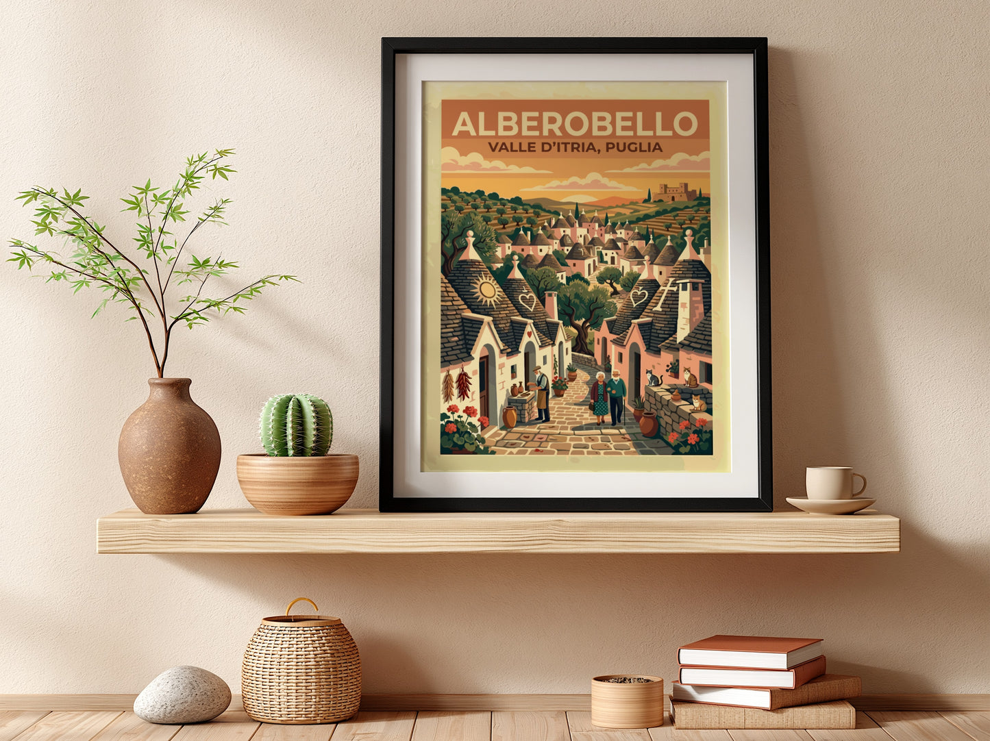 Travel poster of Alberobello in Puglia featuring stone trulli houses and elderly couple walking.