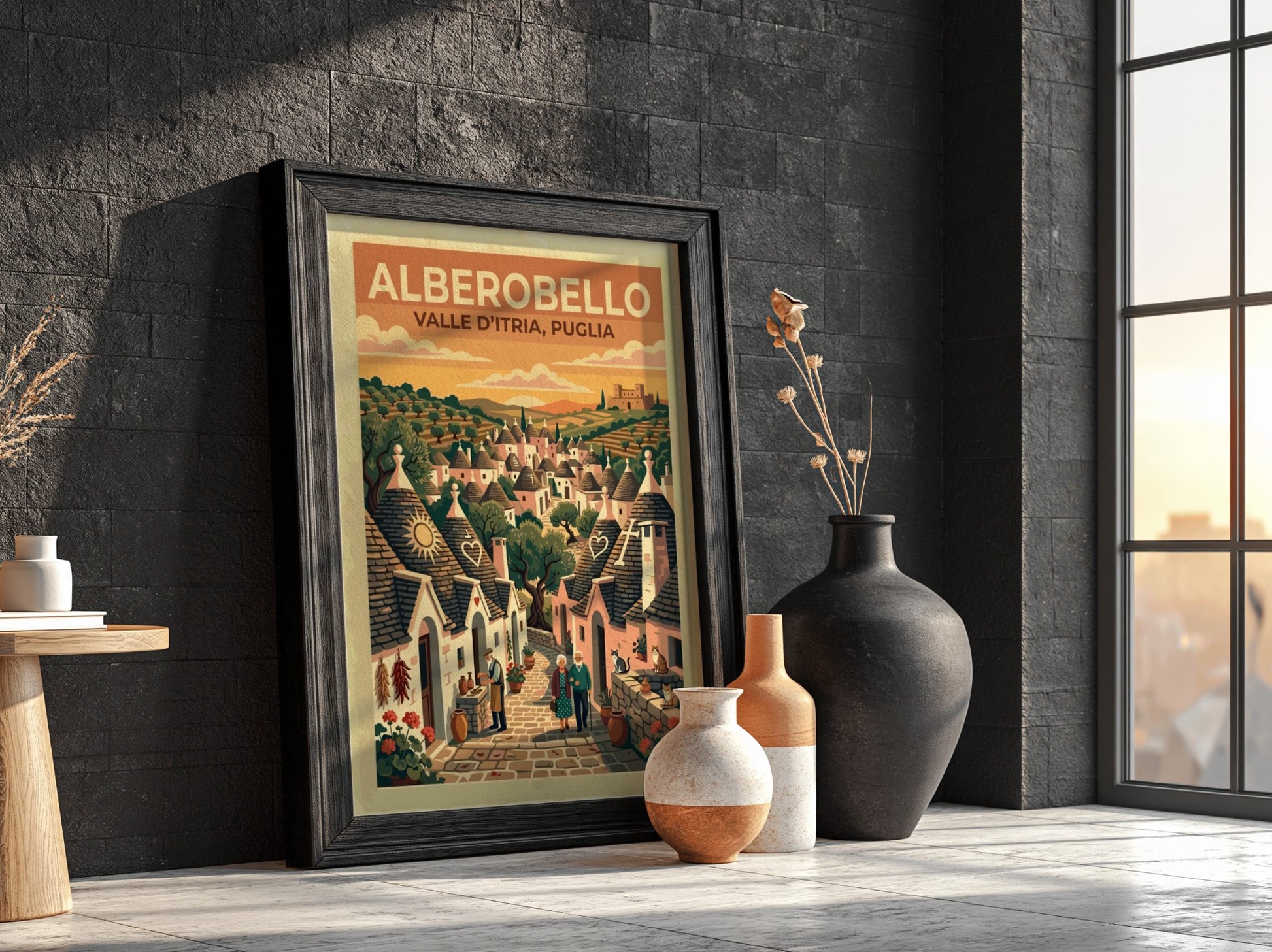 Travel poster of Alberobello in Puglia featuring stone trulli houses and elderly couple walking.