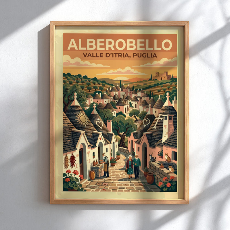 Travel poster of Alberobello in Puglia featuring stone trulli houses and elderly couple walking.