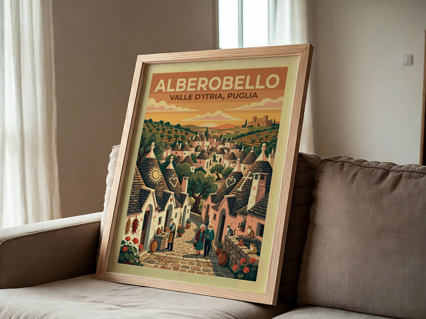 Travel poster of Alberobello in Puglia featuring stone trulli houses and elderly couple walking.