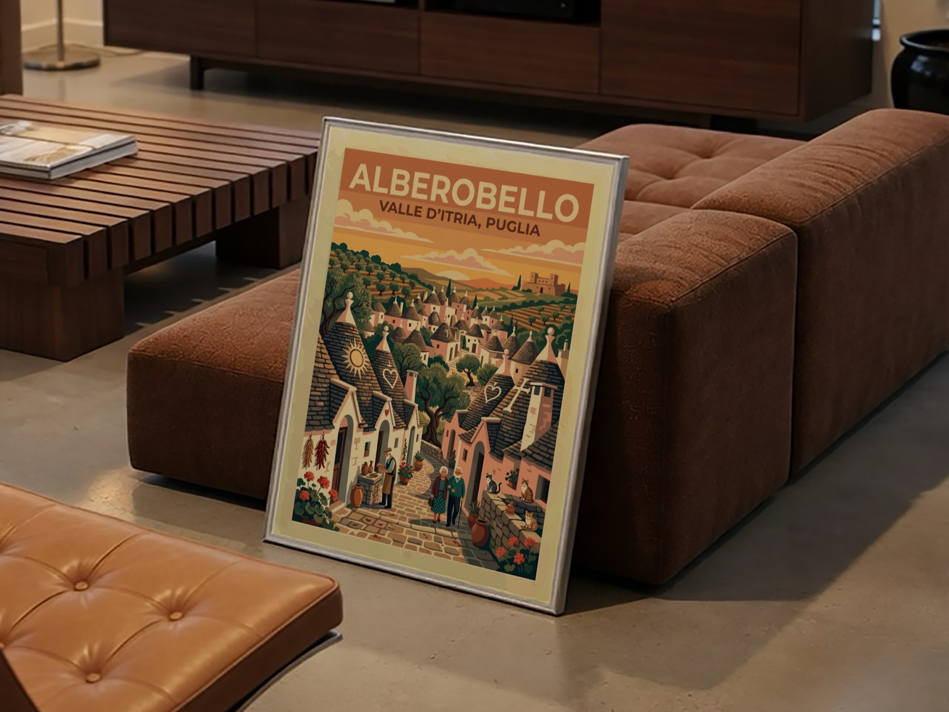 Travel poster of Alberobello in Puglia featuring stone trulli houses and elderly couple walking.
