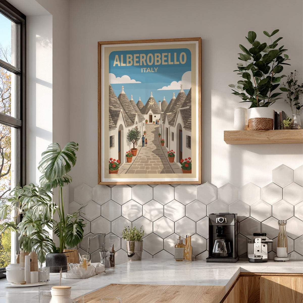 Poster of Alberobello Italy featuring white trulli houses along a narrow stone street.
