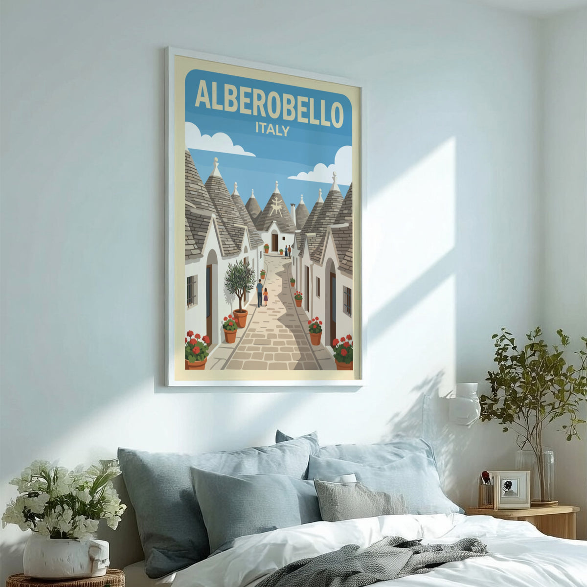 Poster of Alberobello Italy featuring white trulli houses along a narrow stone street.
