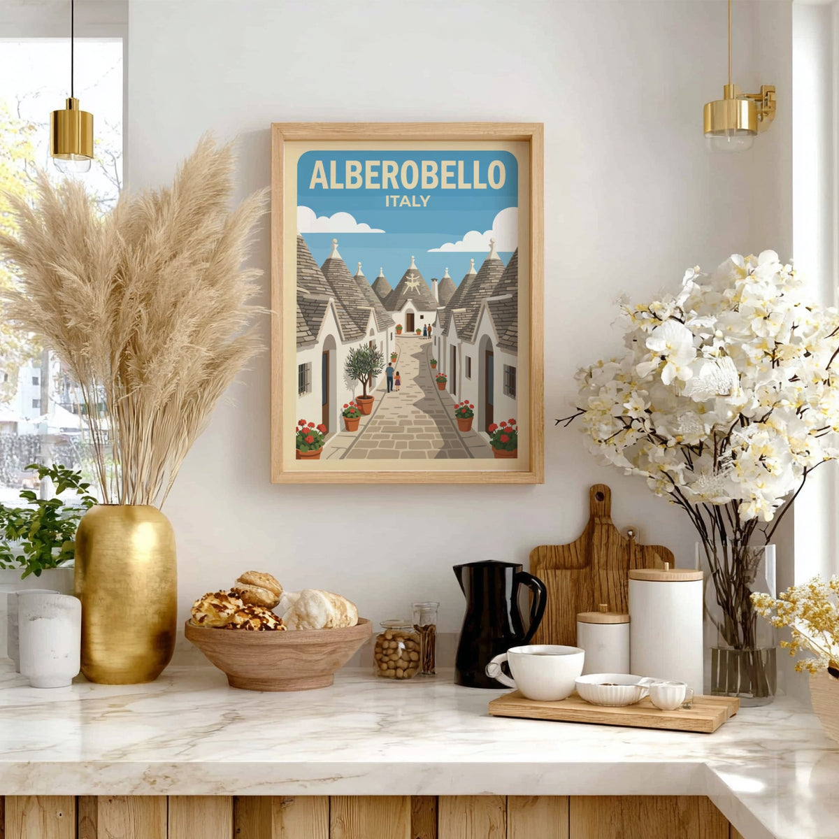Poster of Alberobello Italy featuring white trulli houses along a narrow stone street.